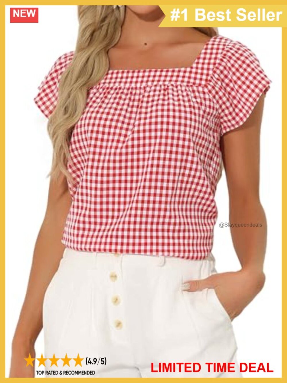 Gingham Plaid Blouse Square Neck Cap Sleeve Ruffle Trim Casual Summer Top